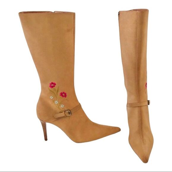 Gunmetal NWOT Western Knee Hi Boots Embroidered Flowers Leather 10B - Picture 4 of 8